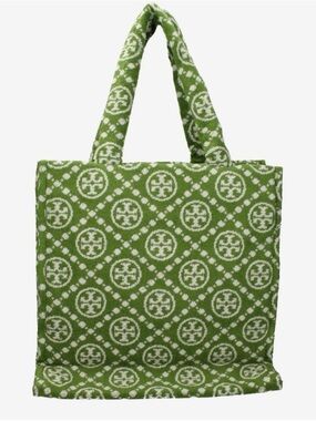 Tory Burch Green and White Logo Jacquard Tote